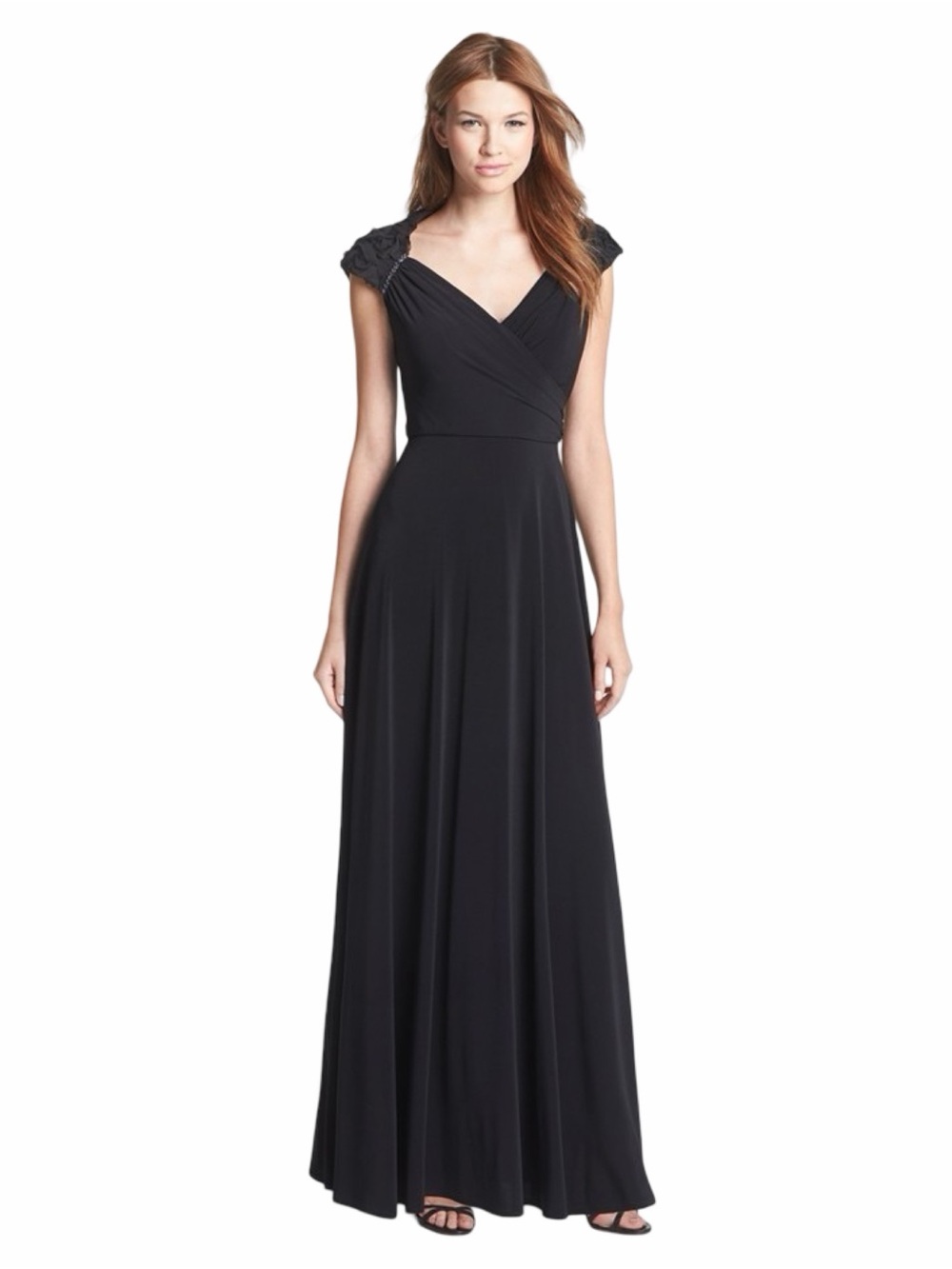 Patra Black Cap-Sleeve Wrap-Front Prom Gown